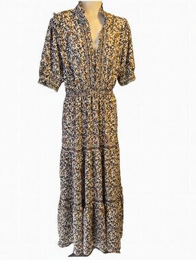 Max Studio Floral Tiered Maxi Dress Boho Prairie Cream Blue Size XL NWT